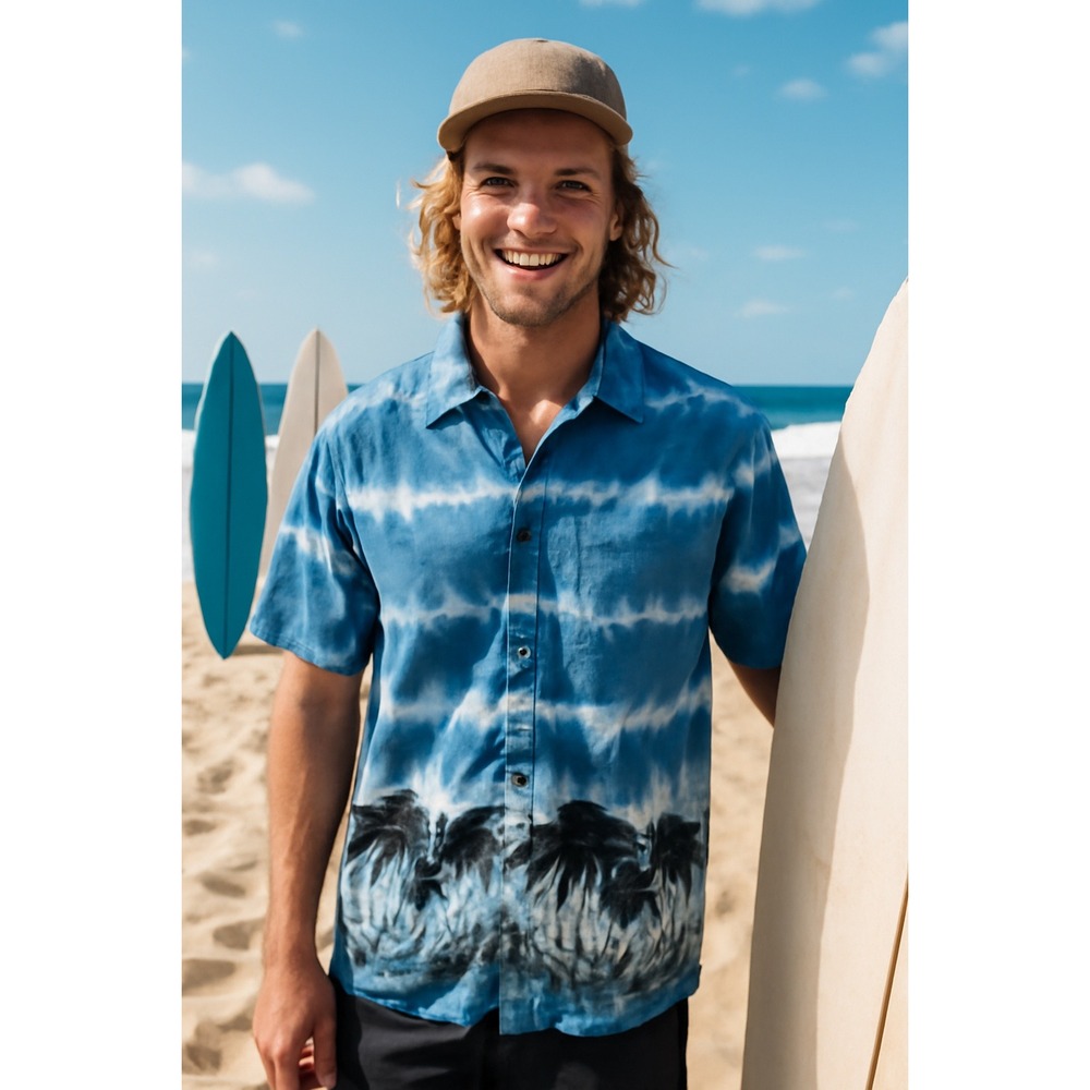 M.E. Sport Mens Blue Tie Dye Palm Tree Print Button Up Short Sleeve Shirt‎ L
